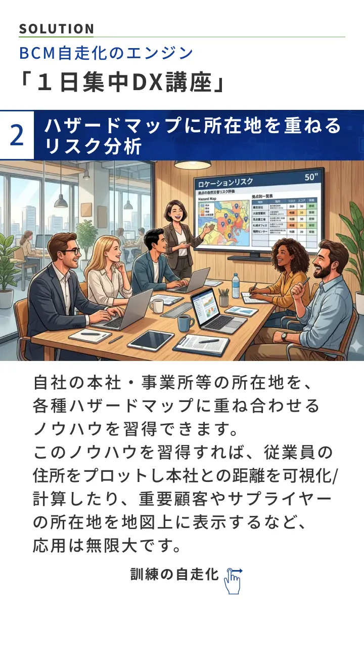 BCM自走化のエンジン「１日集中DX講座」ハザードマップに所在地を重ねるリスク分析